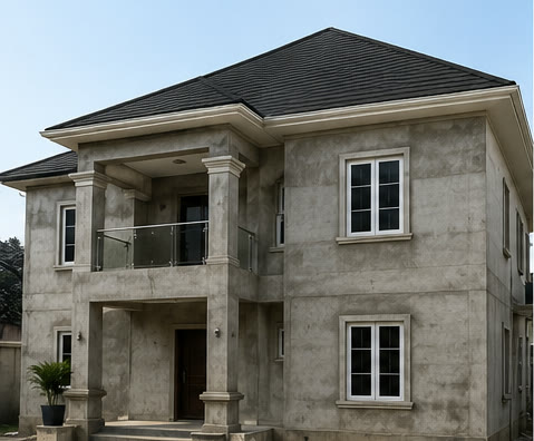 Unpainted two-storey house before exterior finishing