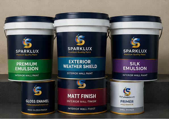 Display of Sparklux paint buckets in different product categories